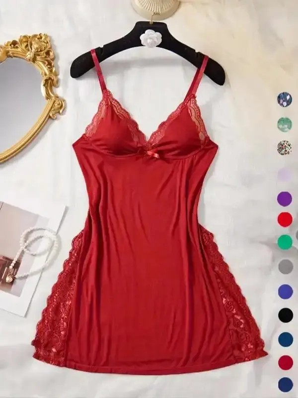 Women's Lace Bow Front Split Backless Cami Nightdress, Breathable Sleep Dress for Women, Soft Solid Spaghetti Strap Nightgown, Dress for  Womenswear
