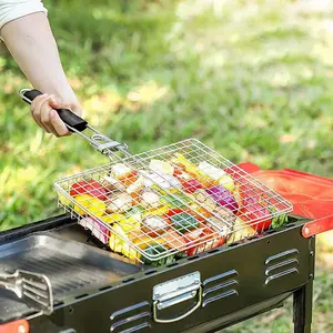 BBQ Stainless Steel Folding Handle Grill Tongue, Outdoor Multi-Functional Grill Net, Fish Meat Vegetable Rack, BBQ Tools