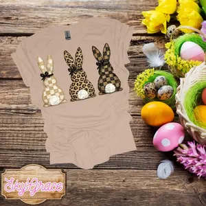 SkyGrace Easter Bunny T-Shirt - Leopard & Plaid Design - Soft Cotton Blend - Perfect for Spring Festivities
