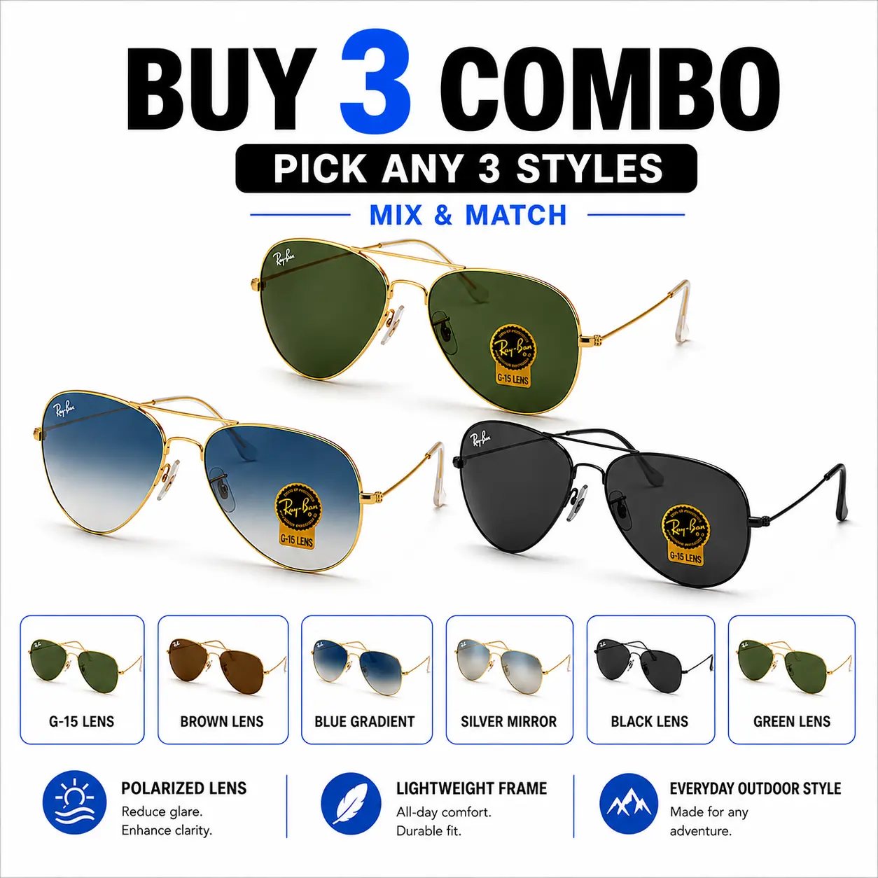 Ray-Ban Aviator UV Protection Sunglasses – Pick Any Style, Mix & Match 2-Pack & 3-Pack Bundle Deal