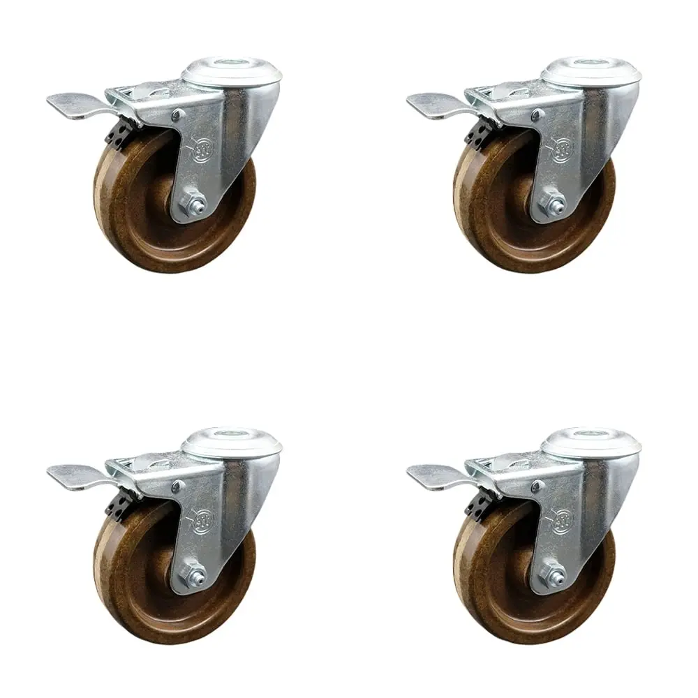Service Caster SCC-SSBHTTL20S414-PHSHT-4 Stainless Steel High Temperature Phenolic Swivel Bolt Hole Silver Chrome Castors with 4x1.25 in. Brown Wheels - Set of 4