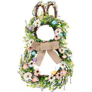25 Inch Easter Bunny Shaped Artificial Flower Wreath with Colorful Berries Daisies Greenery Bow Knot for Front Door Easter Summer Farmhouse Wall  Window Decor