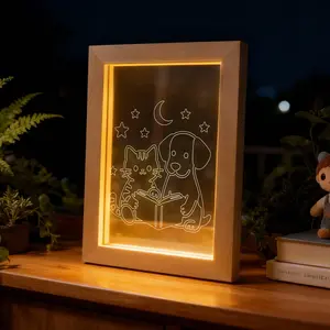 Cute Cat & Dog LED Night Light Picture Frame - Soothing Glow for Bedroom Decor, Gift for Pet Lovers