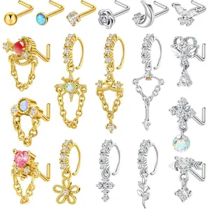 18 count Dangling Nose Rings Hoops l Shap Dangle Nose Stud 20g Stainless Steel Indian   for Women