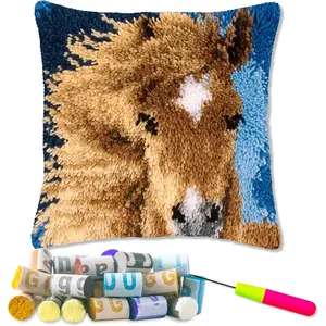 Latch Hook Kits for DIY Throw Pillow Cover Needlework Cushion Cover Hand Craft Crochet for Great Family 17X17inch(Horse)