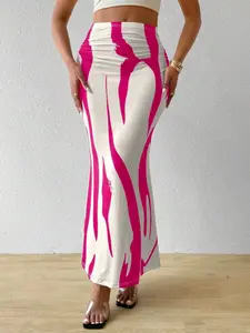 Viral Zebra-Inspired Print Mermaid Maxi Skirt, High Waist Ruched Bodycon Fit, Flowy Hem, Perfect for Night Out, Brunch, Streetwear & Vacation, TikTok Trendy OOTD, Elegant Statement Piece for Women
