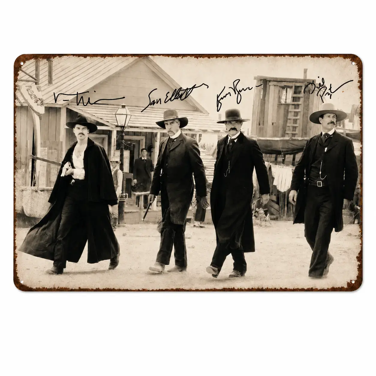 Vintage Sepia Tombstone Cowboy Crew Printed Replica Signature Aluminum Tin Sign, Distressed Rustic Western Wall Plaque For Man Cave Garage Decor