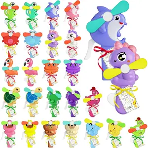 24 Sets End of Year Gifts Bulk Mini Animals Portable Fan Cardboard Ribbon Rope Novelty Handheld Fans for Graduation Gift Exchange Gifts