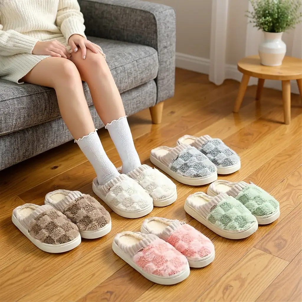 Cotton Slippers for Women Plaid Cuff Warm Fuzzy Fleece Plush Slipper Cozy Memory Foam Cute Soft Women's Home Slippers Indoor Comfort House Slippers -