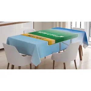 Going Away Party Tablecloth, New Life Concept with Road Sign on Blue Sky Next Exit Art Print, Rectangular Table Cover for Dining Room Kitchen Decor, 52" X 70", Blue Green Yellow