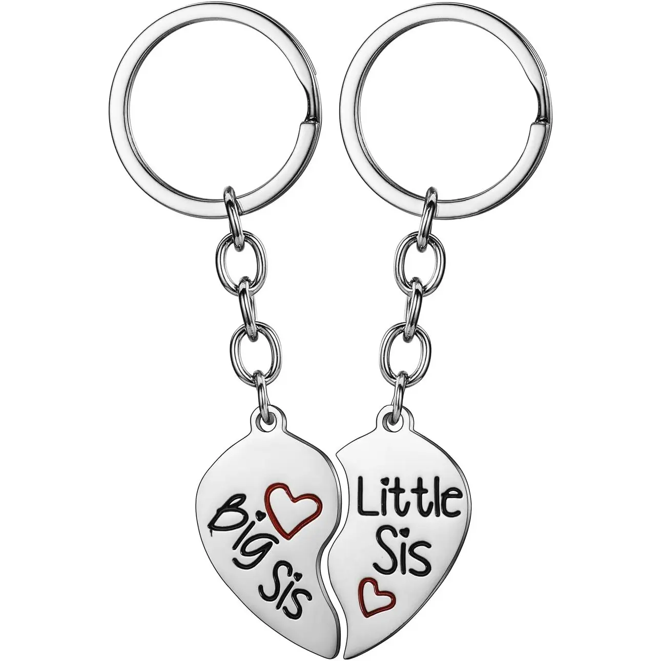 2PC Matching Big Sis Little Sis Red Split Heart Halves Sisters Pendant Keychain Keyring Set