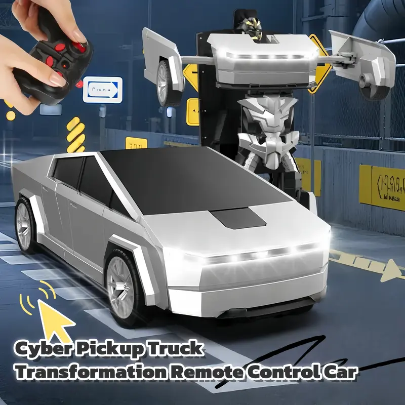 TIBIBEE 1/32 Tesla Family Mechanical Transformer Miniature Metal Pull-Back Vehicle Kit - 1.05 lb, 13.97×2.91×2.56 inches Silver Truck with Sound, Light, Panoramic Sunroof, RV, 4-wheel Motorcycle, CyberTruck, Pickup Trailer for 3-6 and up, Little Boy Gifts