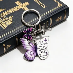 Purple Butterfly Christian Keychain - Bible Verse Cross Embellished Charm, Religious Inspirational Gift for Women, Animal-Inspired Butterfly Princess Fashion Keychain Accessories, Butterfly Princess Keychains