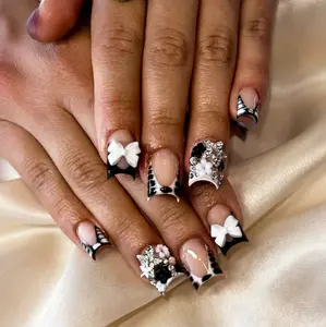 24PCS French Tip Nails Set | Glossy Short Square Press-Ons with Zebra & Bow Charm Design