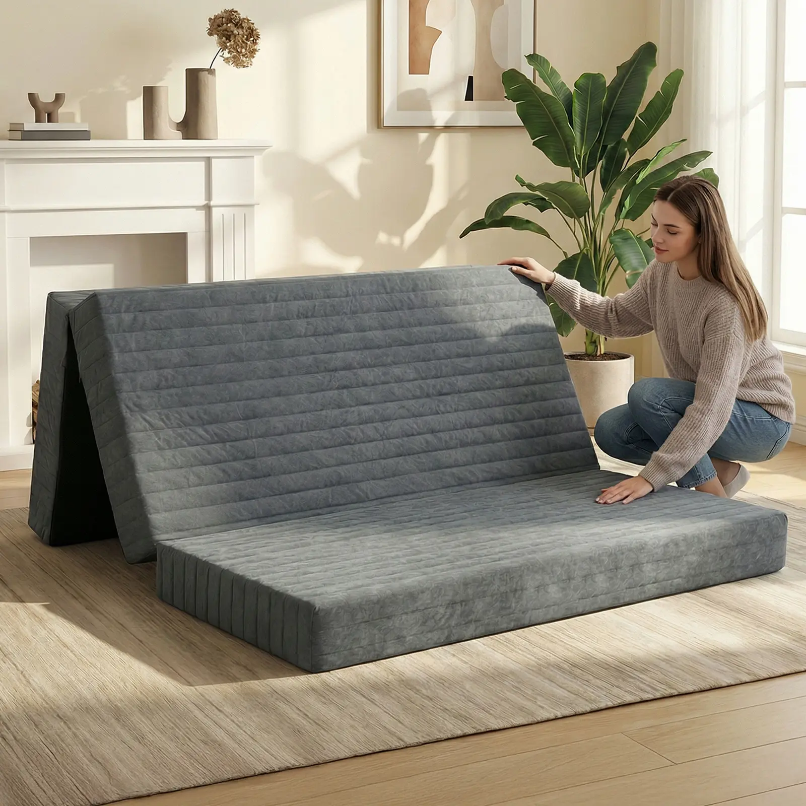 Winzoo 6-Inch Tri-Fold Mattress, Foldable Floor Mattress with Handles, Non-Slip Bottom & Removable Washable Cover, Convertible Foam Mattress for Guests, Camping, Dorm & Travel