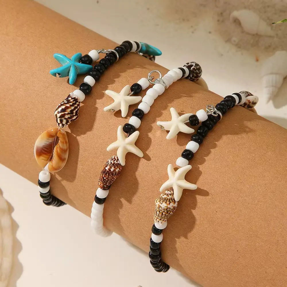 3Pcs Women's Vintage Boho Beach Charm Bracelet, Seashell Shark Tooth & Starfish Pendants Seed Bead Wrist Jewelry, Lightweight Versatile Ocean-Inspired Bracelet for Summer Vacation Daily Casual Wear Gift