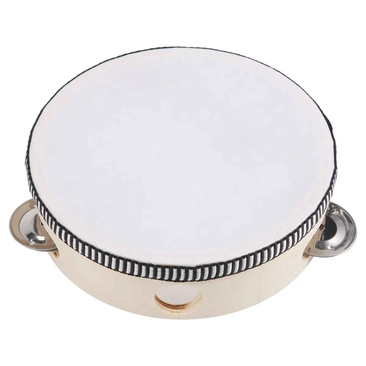 6-Inch Tambourine with Sheepskin Drumhead and Wooden Ring, Handheld Percussion Instrument with 4 Pairs of Jingles for Parties & KTV