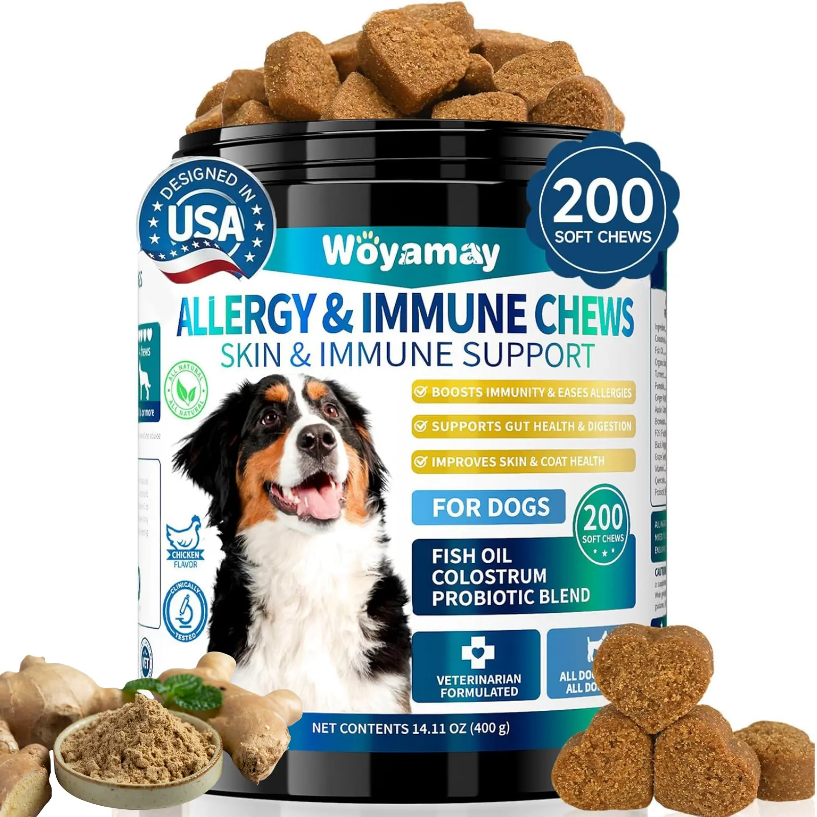 Natural Dogsnacks Allergy & Immune Chews for Dogs - 200 Soft Chicken Flavor Treats with Omega-3, Probiotics & Colostrum for Skin Comfort & Seasonal Support, extra hydration support seasonal allergy, Supplements #SummerVibes #petlovers