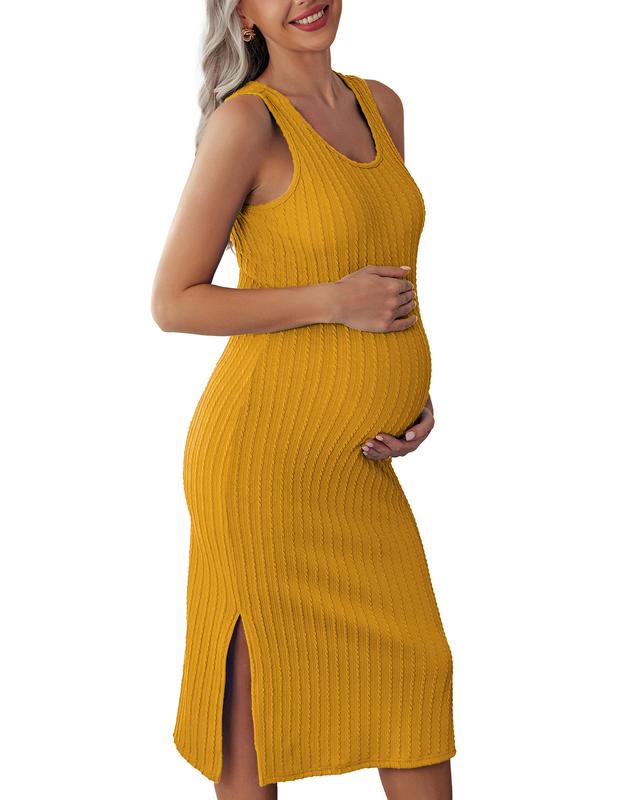 Ekouaer Women's Maternity Dress Rib Knit Sleeveless Tank Side Slit Bodycon Dresses Pregnancy Clothes S-XXL