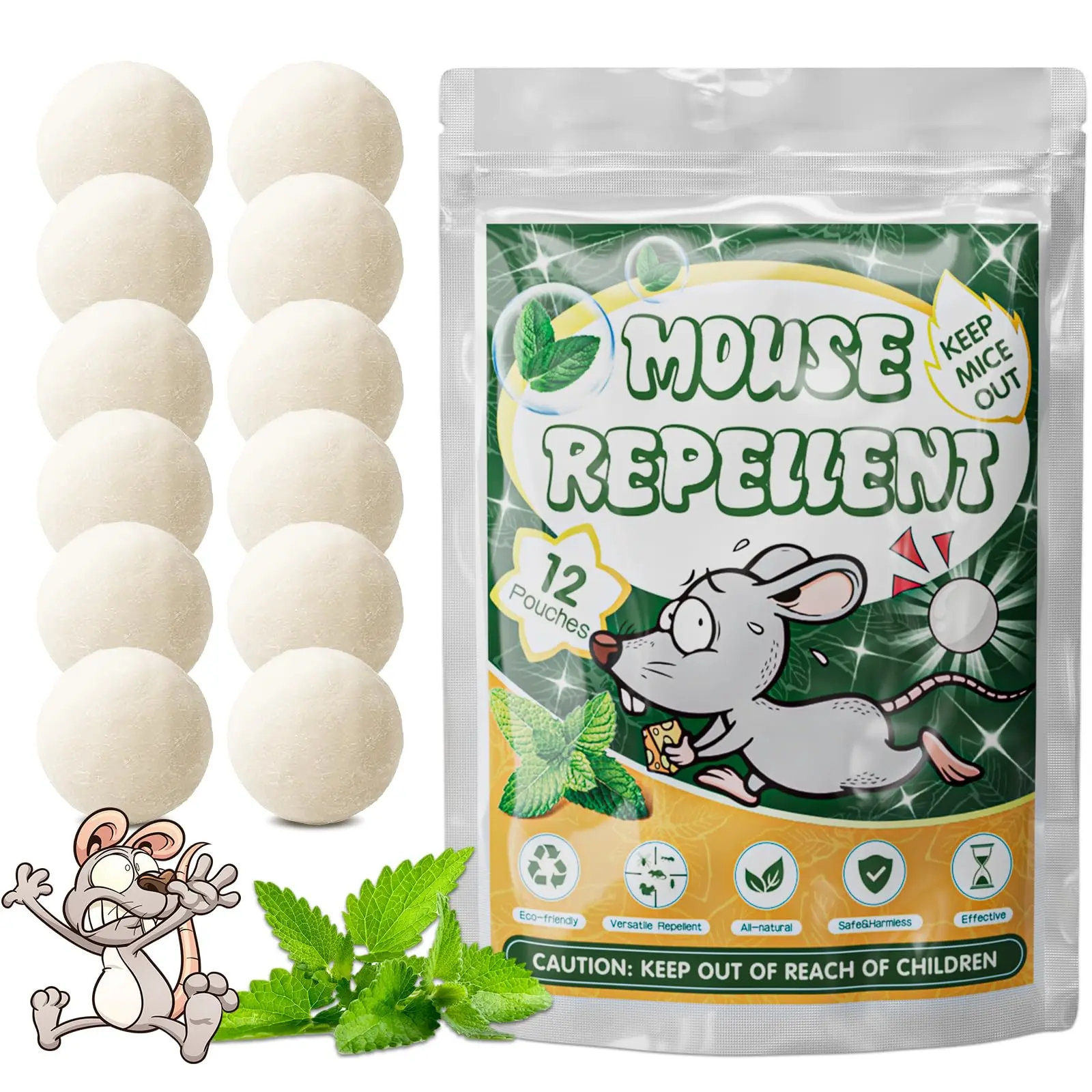 Mouse Repellent Balls, 12 Pouches Peppermint Oil Moth Balls for Rats and Squirrels, Natural Pest Control Rodents Deterrent for Indoor/Outdoor Use, Home, Garage, House, Car, Garden, Sewer, Basement - Safe for Humans & Pets