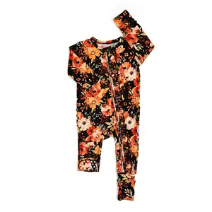 Renee RUFFLE ZIP Soft Bamboo Viscose Floral Print Zipper Front One Piece Romper with Mitten Cuff & Foot Grips for Easy Diaper Changes