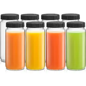 PLL Glass Juice Bottles, 16 oz Glass Bottles with Caps.Set of 8 Juice Containers with Lids for Fridge, and Labels for Juice Jars.Glasses for Juice, Cold Brew Bottles, Smoothie Jars