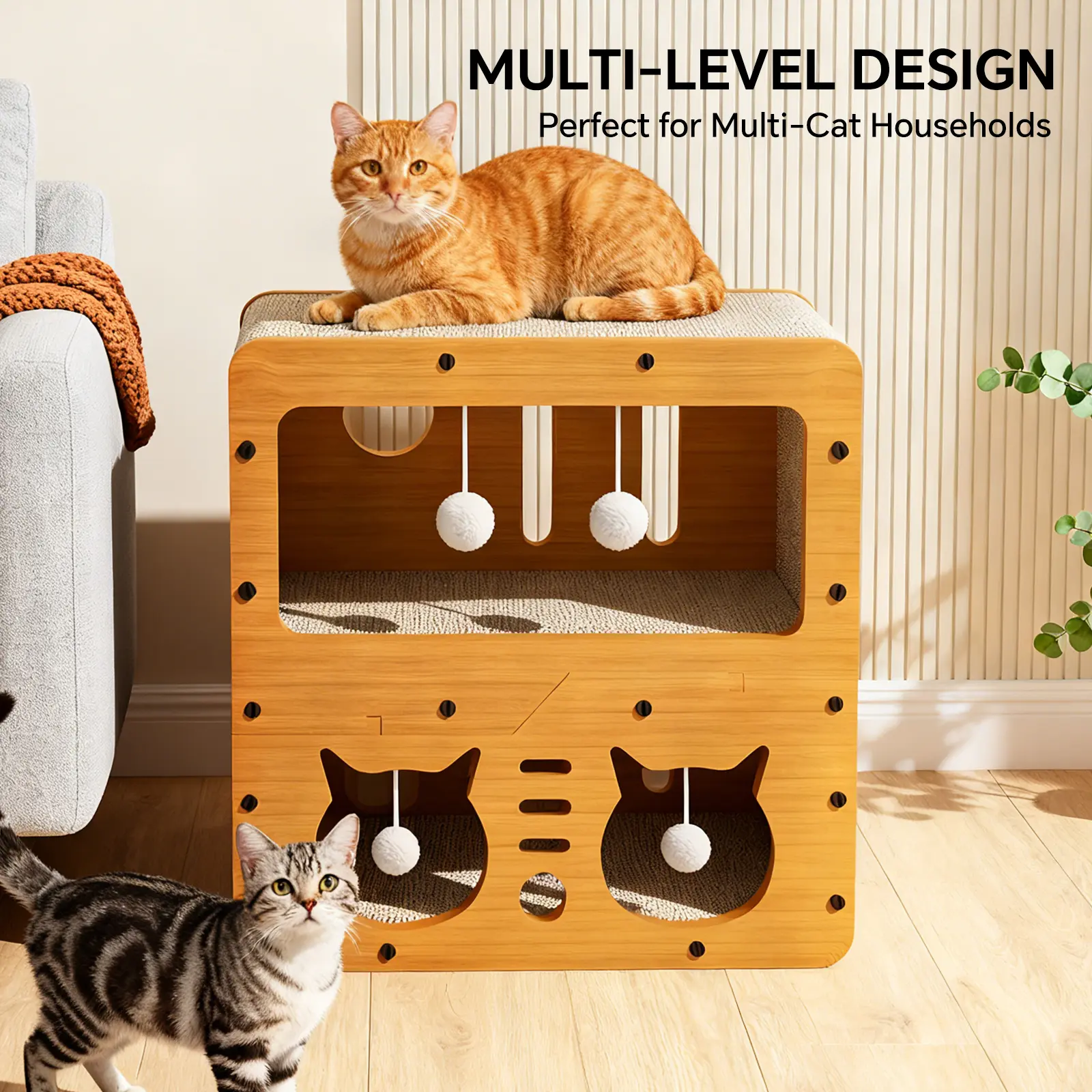 Large 3-Level Cat Scratcher Condo, Sisal Cat Scratcher with Cat Cave & Play Toys, Sturdy Cat Furniture for Multi-Cat Homes Scratching Posts cat tree