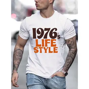 Vintage 1976 Life Style Men's T-Shirt - Casual Polyester Crew Neck Tee with Geometric Print, Machine Washable