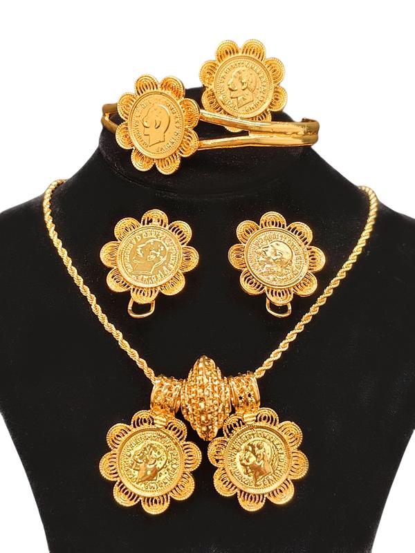 24K Gold Middle Eastern Luxury Vintage Coin Set: Multi-layered Bracelet, Necklace, Ring and Earring Collection - An Exclusive Celebratory Jewelry Gift for Women, Elegant Jewelry Set