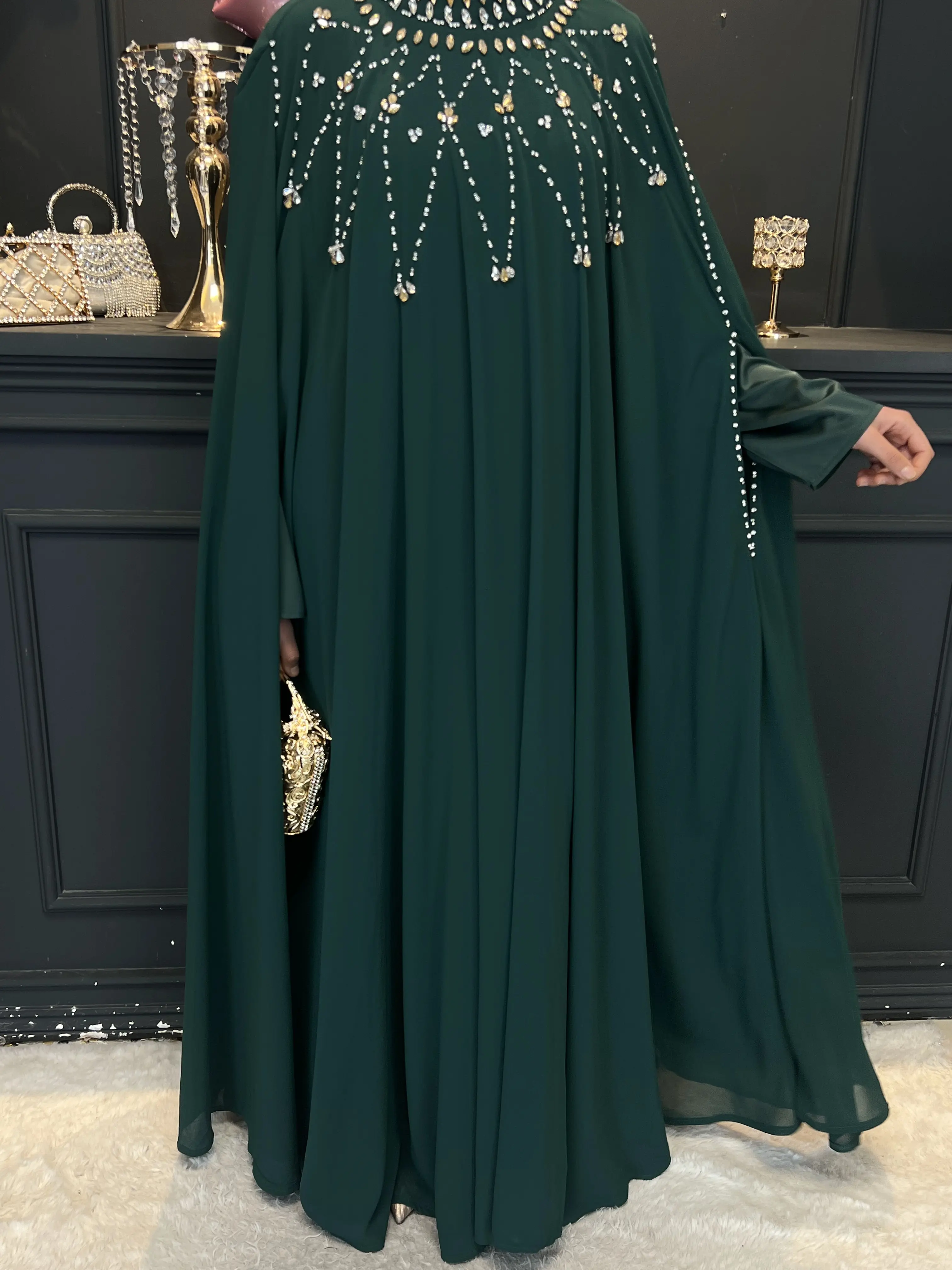 emerald green abaya dress EMERALD GREEN Satin Pearl Abaya main image 1