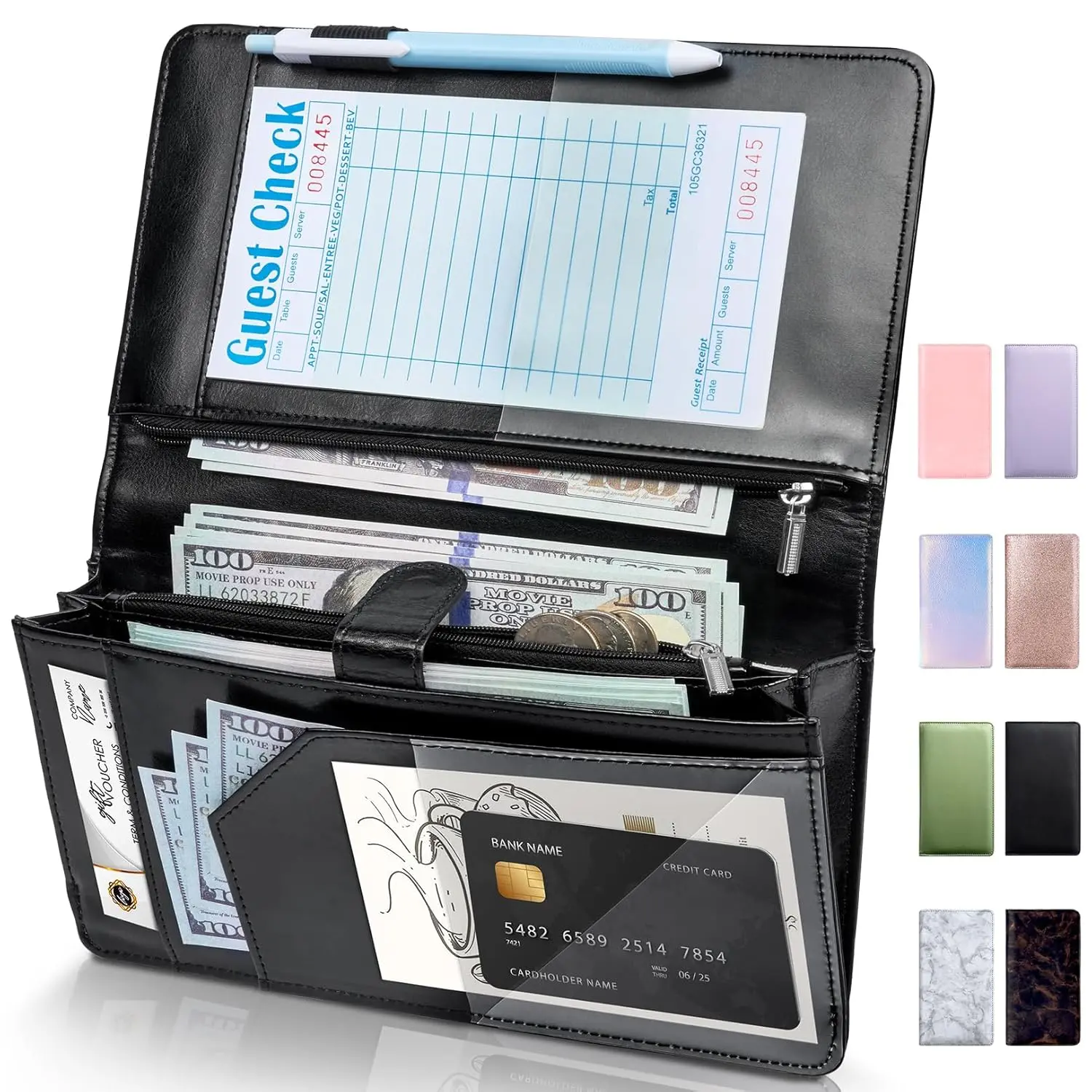 Server Book High Volume, Expandable Waitress Book with Zipper &  Pocket, 5"x9", Server Books for Waitresses, Waitress Accessories, Fits Guest Checkbook, Waitress Apron, Server Apron (Black)