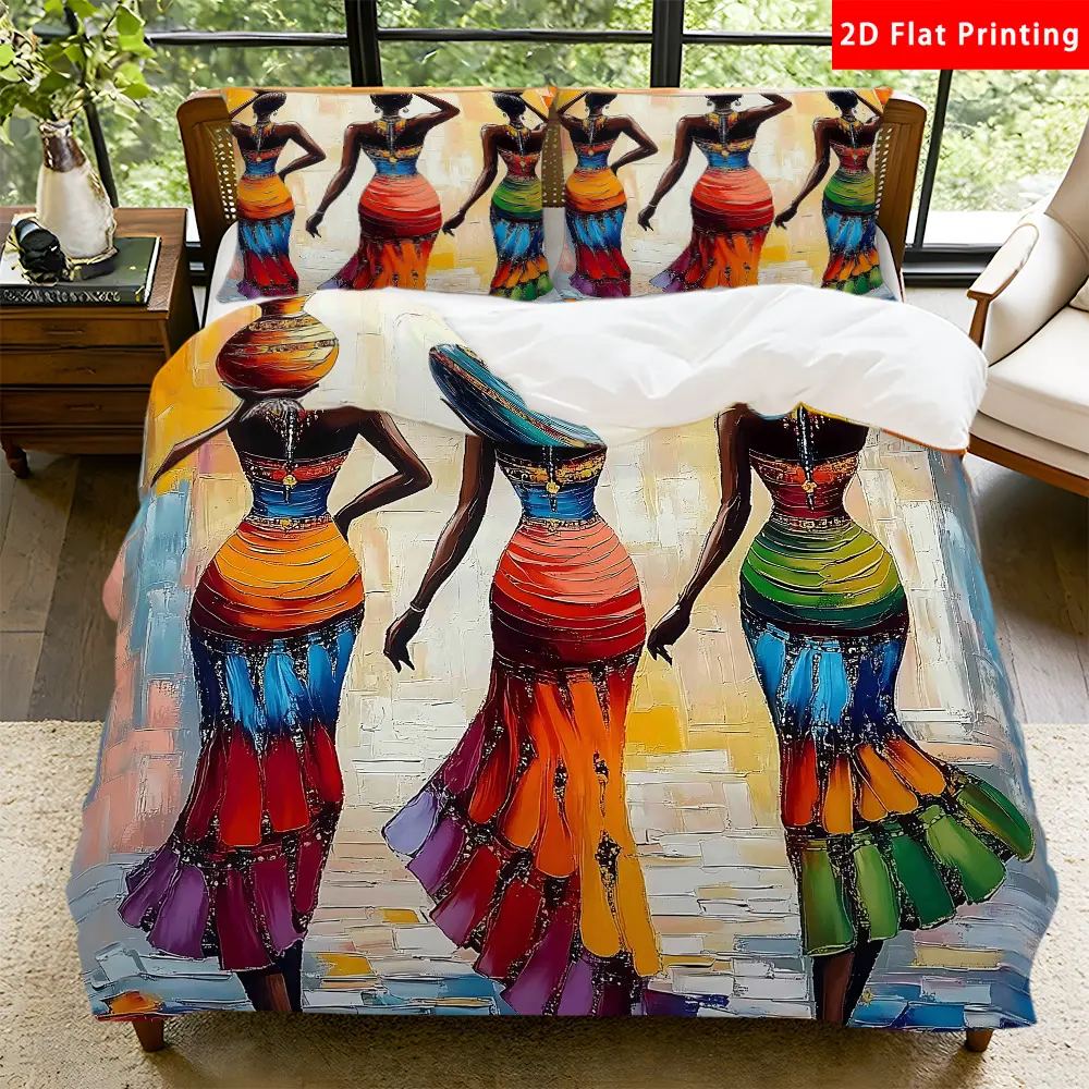 2/3 Pcs 2D Flat African Women Carrying Pots Duvet Cover Set African Women Bedding Set Quilt Cover 1 Duvet Cover + 1/2 Pillowcases African Women Top Sheet Decorative Bedding Bedroom Decor Bed Sets