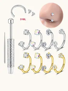 Zirconia Horseshoe Nose Ring, Hypoallergenic 316L Stainless Steel, 8mm Diameter, Heart Star Design, Ideal for Piercings, Includes Tool