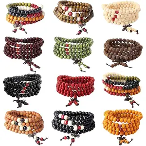 FINREZIO 12 Pcs Colorful Fashionable 108 Mala Beaded Bracelets Set for Women Men Natural Wood Bead Wrap Bracelets Set Elastic Stackable Prayer Beads for Meditation Yoga Daily Wear