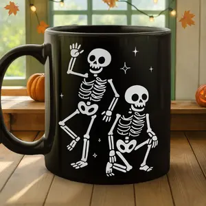FDT Halloween Party Skeletons Black Mug - Spooky Fun Hidden Message 11oz Ceramic Mug - Best Gift for Fall, Parties, and Pumpkin Spice Lovers