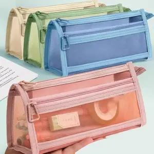 Double Layer Transparent Mesh Pencil Case, Large Capacity Exam Bag, Simple Design, Convenient Storage, Suitable for Teens, Back-To-School Essentials