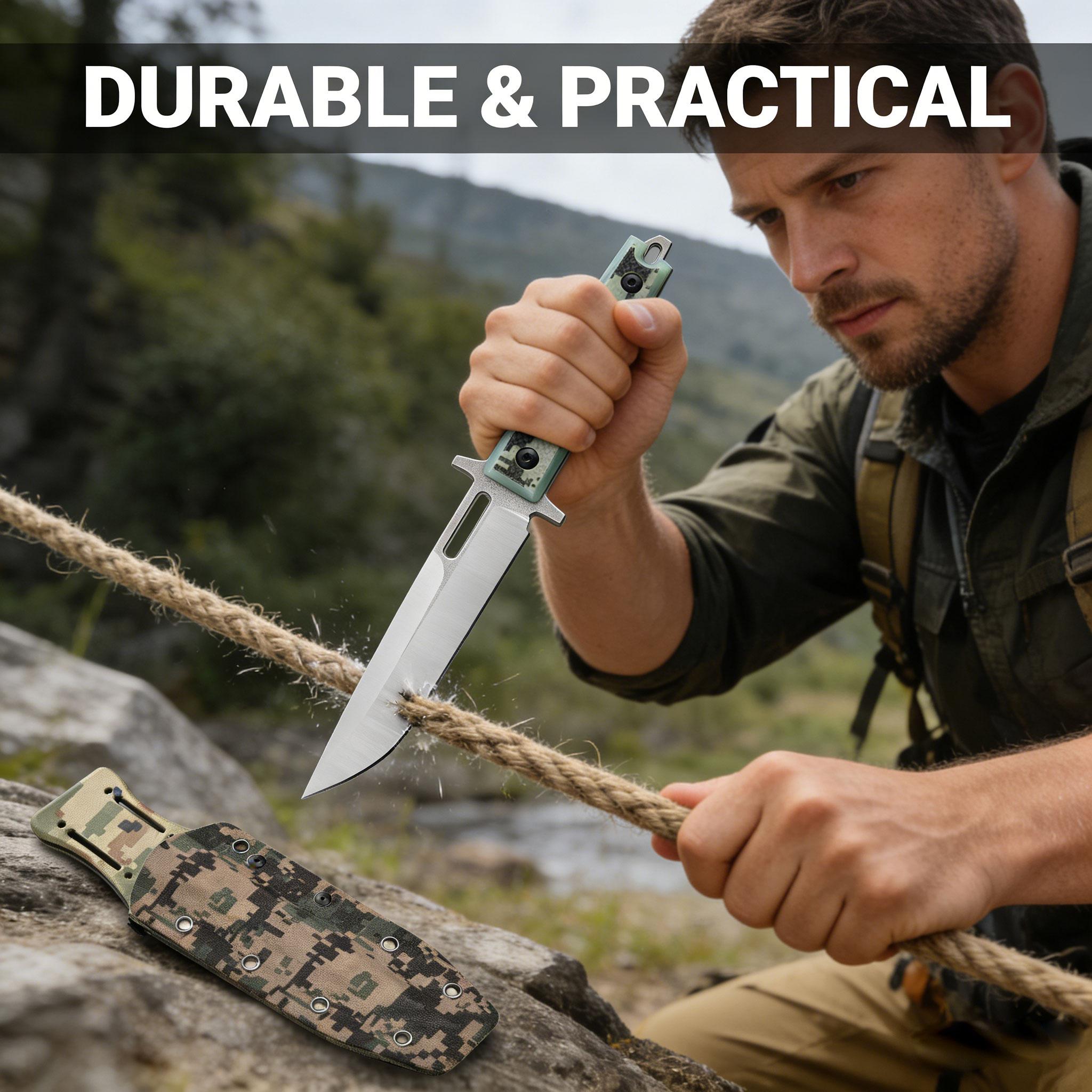 Full Tang Fixed Blade Survival Knife with Camo Sheath, Tactical Hunting Knife for Camping Hiking EDC, Outdoor Utility Knife for Men, Durable Camping Gear with Easy Carry