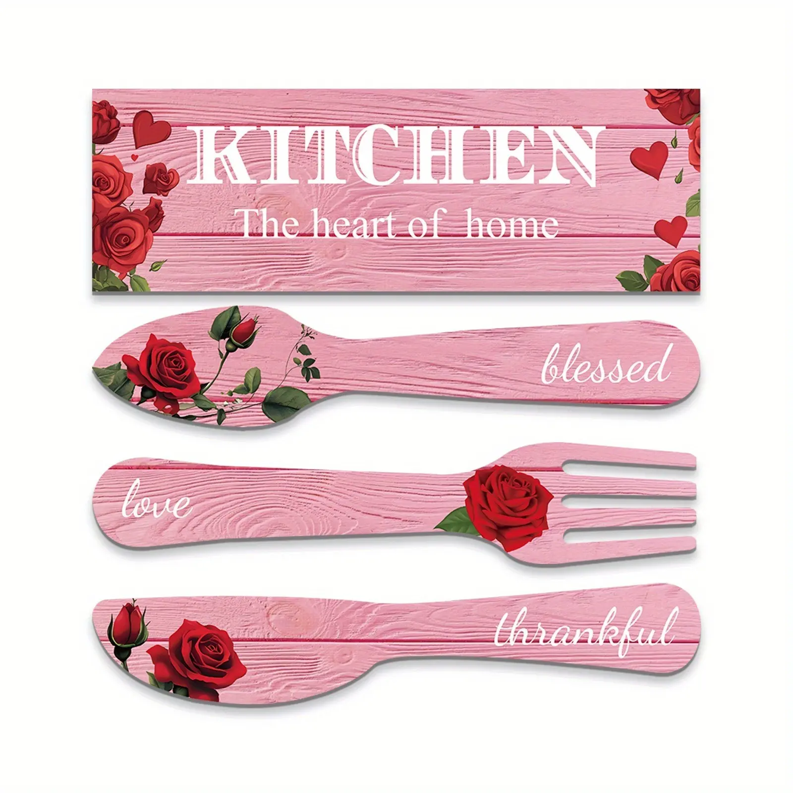 Kitchen Decor Set, Knife Fork Spoon Hanging Ornaments, Rustic Romantic Style Wall Decor Banner, 4 Piece Hanging Plaque Set