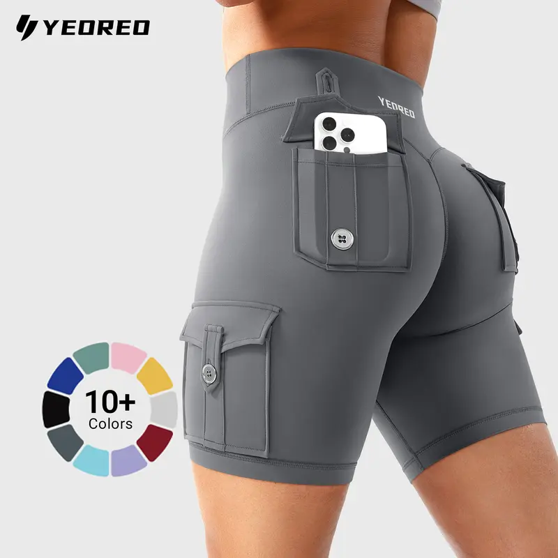 YEOREO CoreFlex Women Workout Cargo Shorts 8" Hidden Scrunch, High Waisted, Gym, Yoga, Booty Scrunch Butt,outdoorfun