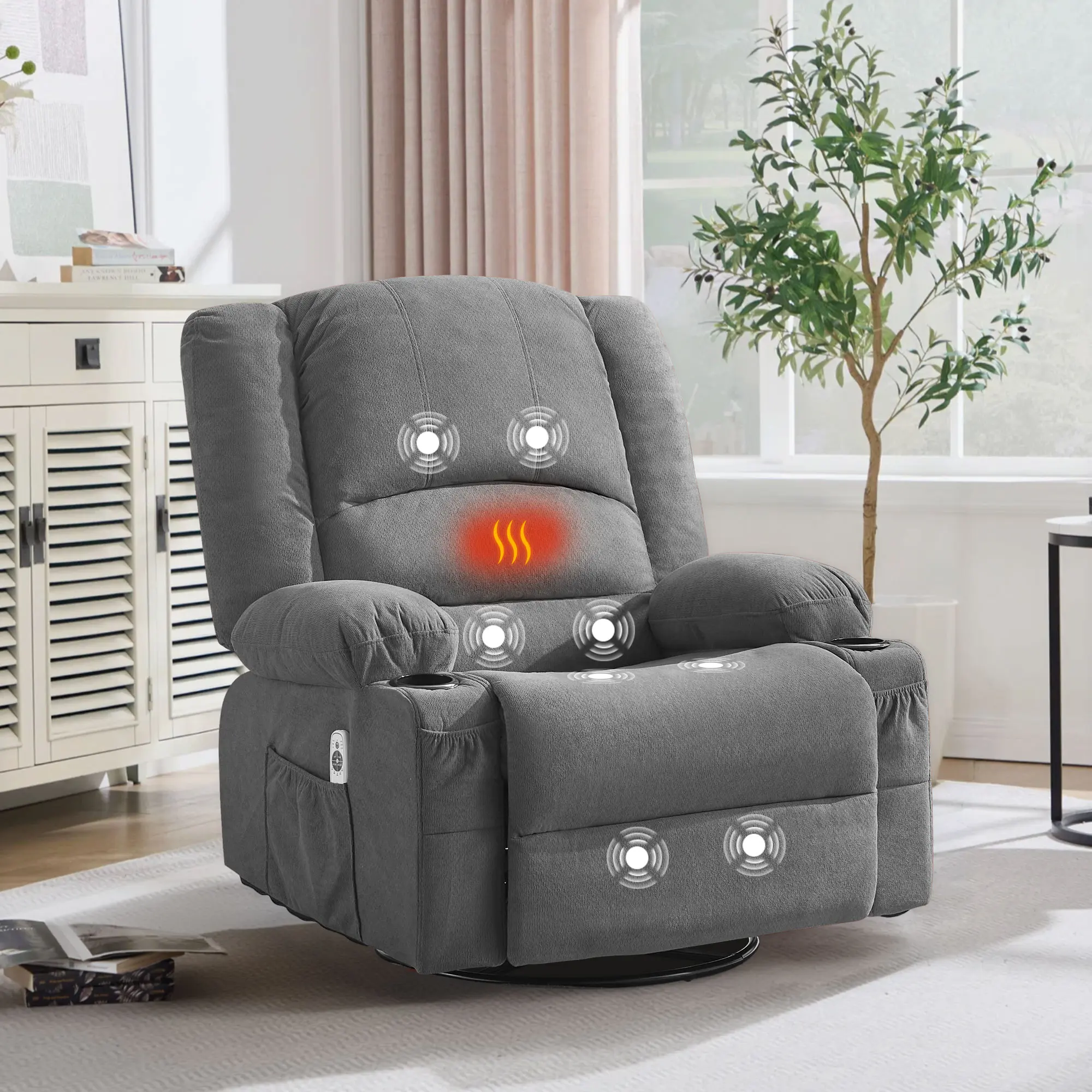 JONPONY Heated Manual Massage Recliner with 360° Swivel Rocker, Comfy Single Sofa with Side Pockets and Cup Holders for Living Room, Bedroom, and Home Theater