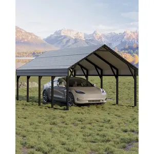 12x20 FT Heavy-Duty Enclosed Metal Carport, Galvanized Steel Frame & Roof, Waterproof Tarp Cover with Gable End Doors, Wind & Snow Resistant All-Weather Outdoor Shelter for Pickup Trucks, Boats and Tractors