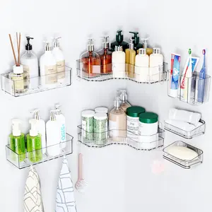 7 Pack Adhesive Corner Shower Caddies,100% Rustproof Acrylic Shower Shelves for Inside Shower,Large Capacity Plastic Wall Mounted Bathroom Shower Organizer with 8 Hooks,No Drilling