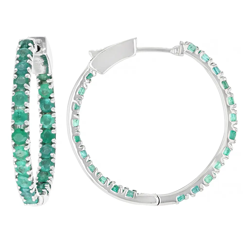 JTV Green Zambian Emerald Rhodium Over Sterling Silver Hoop Earrings 3.78ctw
