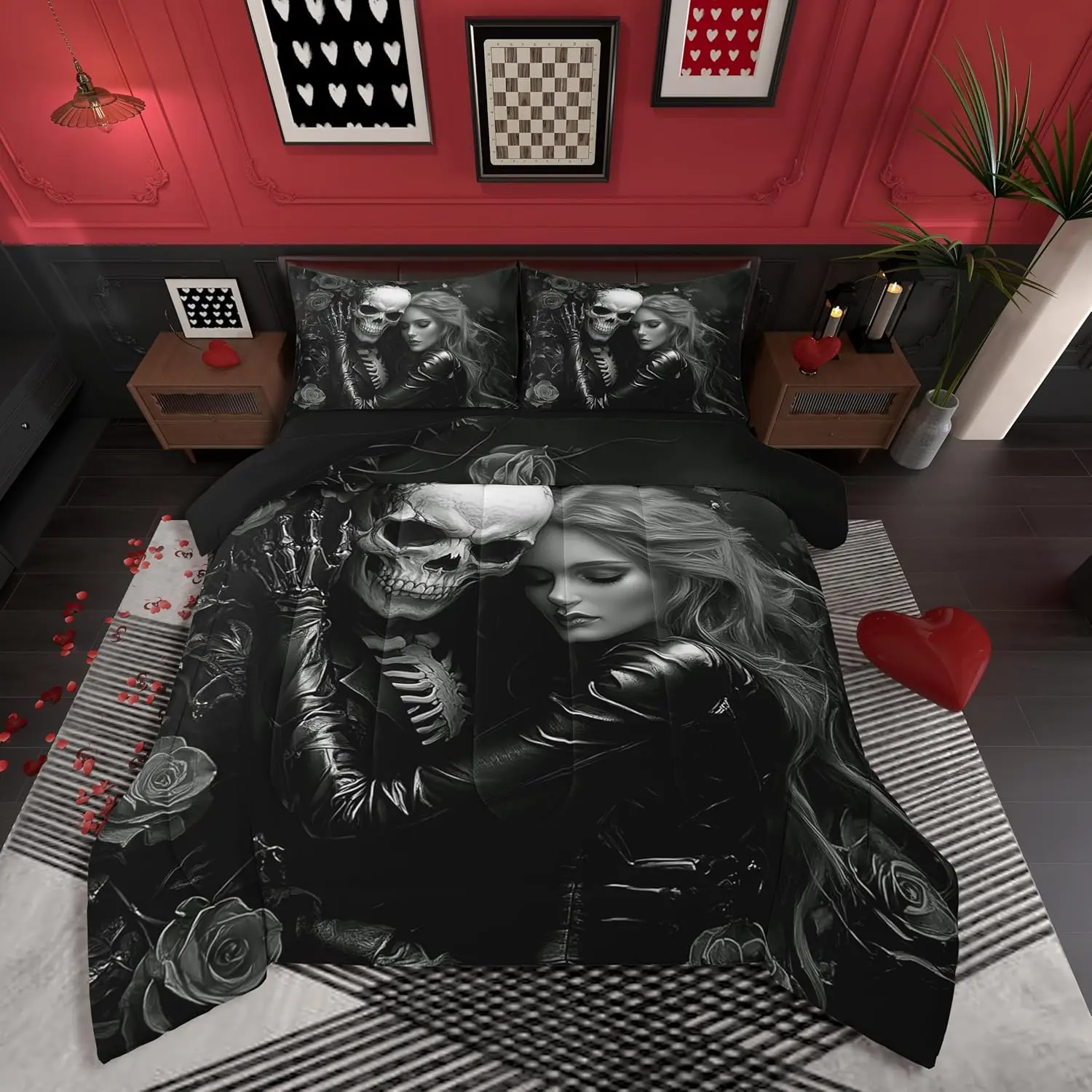 Feelyou 7Pcs Black Valentine's Day Comforter Set - 3D Girl Sugar Kiss Skull, Gothic Rose Floral Bedding in A Bag, Decorative Microfiber Soft Bedding Set, Decorative Bedding Set
