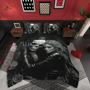 7Pcs Black Valentines Day Comforter Set,3D Girl Sugar Kiss Skull Bedding Sets,Gothic Rose Floral Bed in A Bag,Skull and Love Quilt