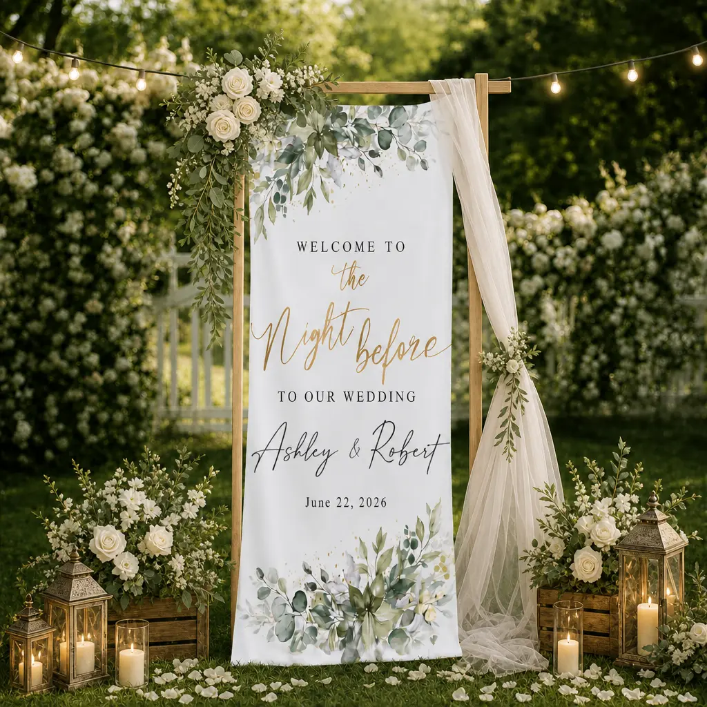 Personalized The Night Before Wedding Sign, Greenery Eucalyptus Wedding Welcome Banner, Wedding Entrance Decor
