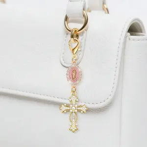 Religious Cross Keychain with Pearl & Diamond Charm, Multifunctional Backpack Accessory, Ideal Gift for Women, Christian Jewelry