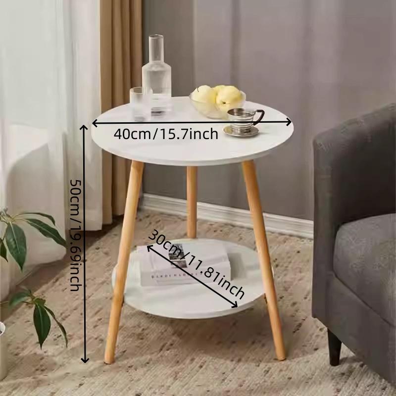 Outdoor Coffee Table Round Patio Side Table Double Layer Weather-Resistant Small Accent Table Modern White & Wood Finish for Garden Balcony Terrace