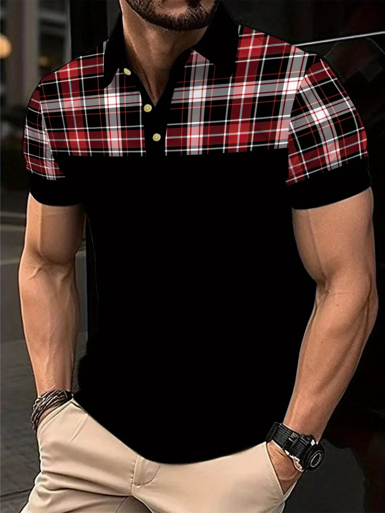Summer fashion men's casual short-sleeved athletic polo shirt with checkered Plaid pattern print top