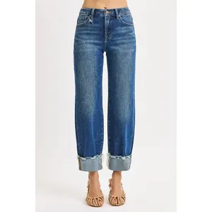 Remi Risen Jeans, Medium Wash High Rise Crop Boyfriend Jeans with Cuffed Hem, Relaxed Fit Stretch Denim